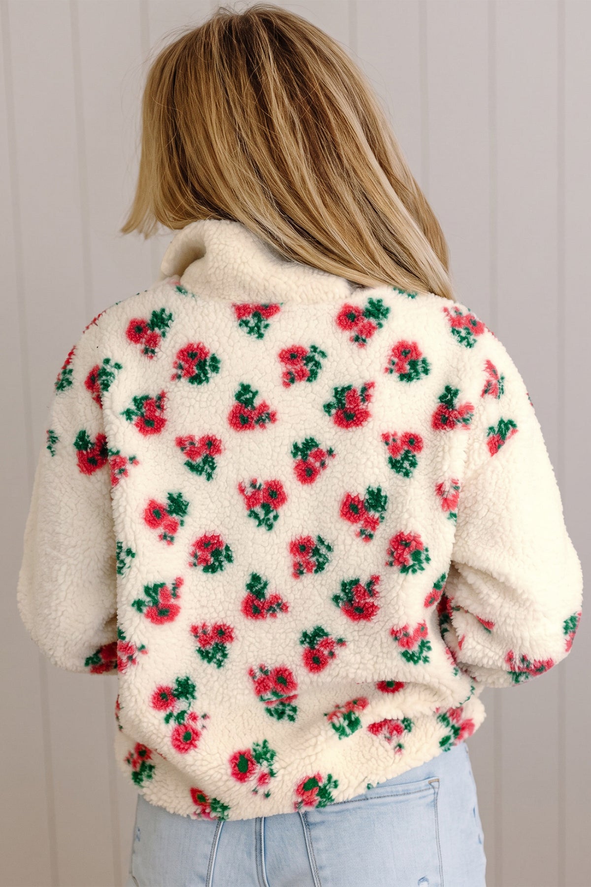 White Floral Print Fleece pullover