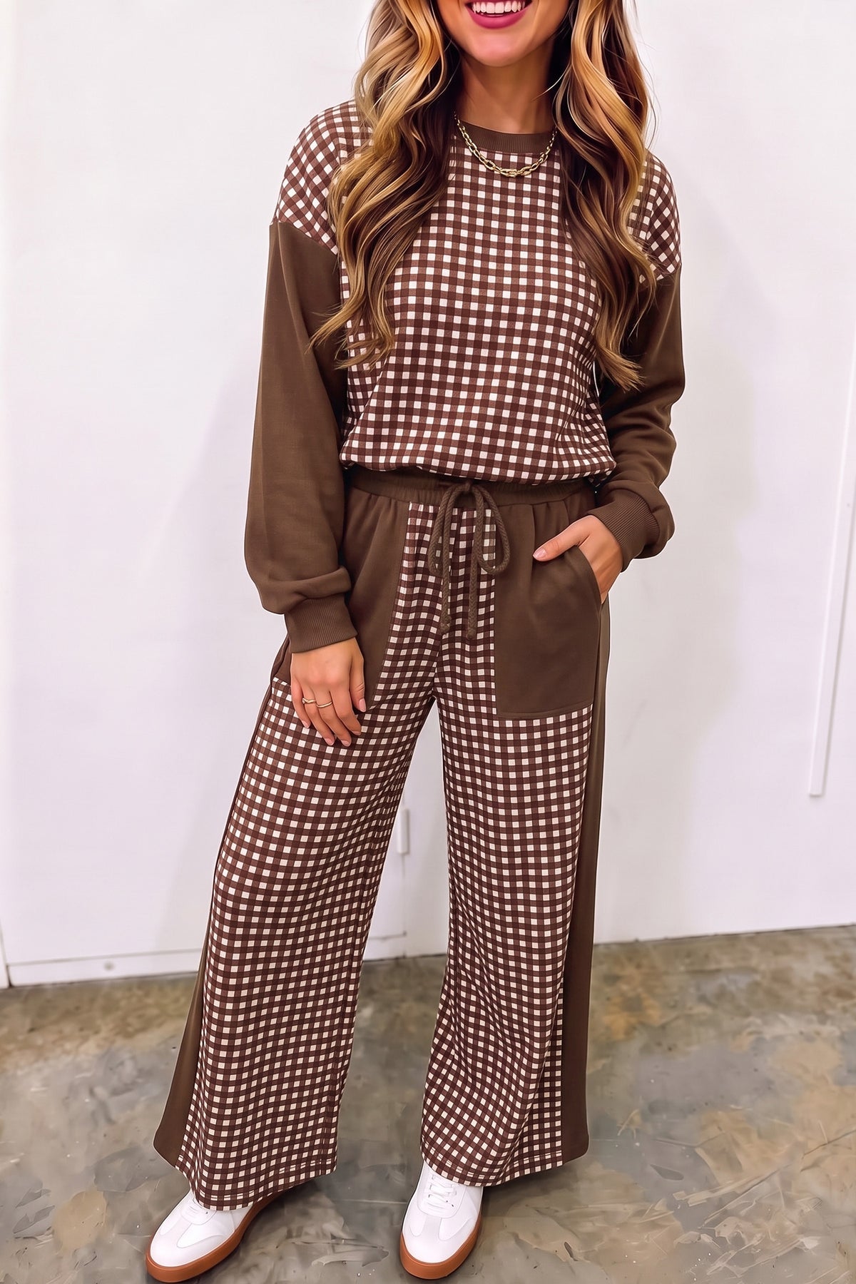 Plaid Long Sleeve Wide Leg Pant Set