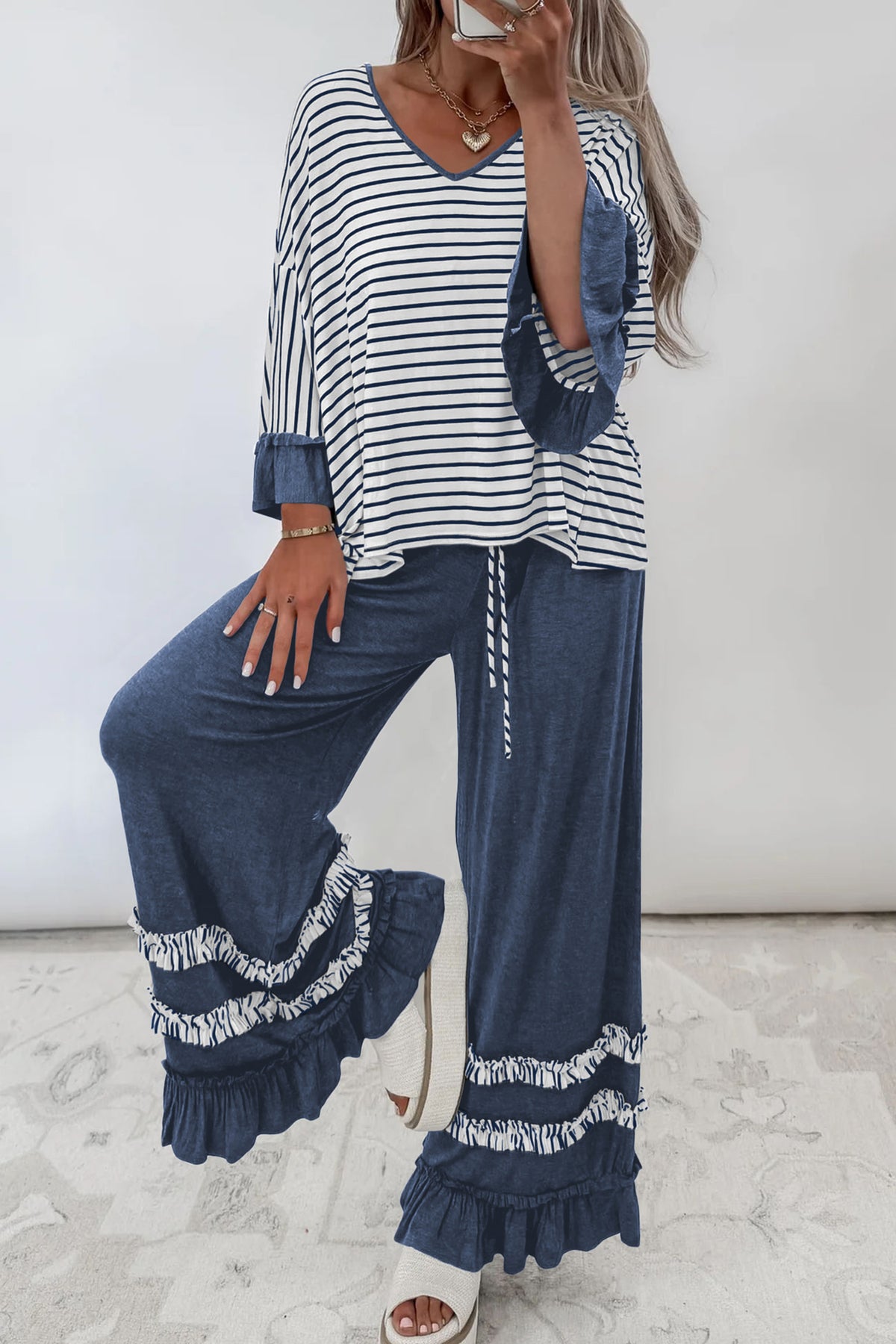 Ruffle Sleeve Top and Drawstring Pants 2 piece Set