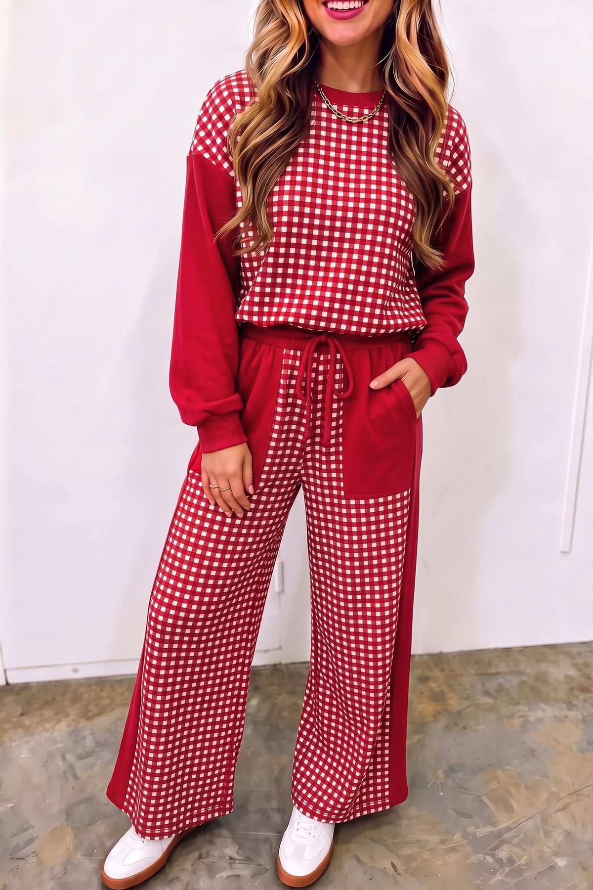 Plaid Long Sleeve Wide Leg Pant Set