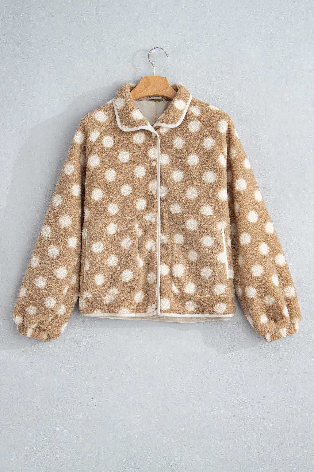 Khaki Polka Dot Faux Fur Metal Button Placket Shift Silhouette Jacket