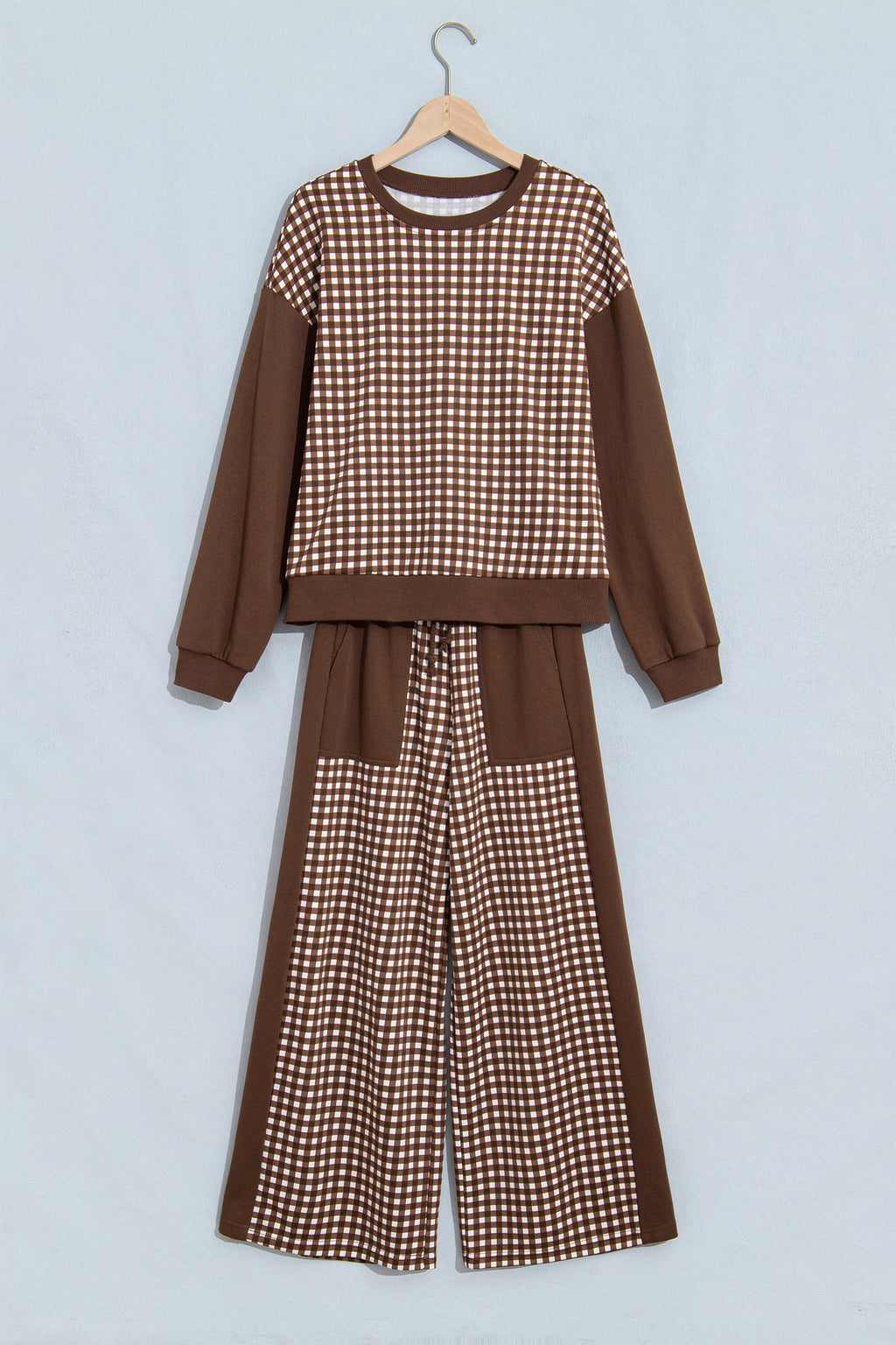 Plaid Long Sleeve Wide Leg Pant Set