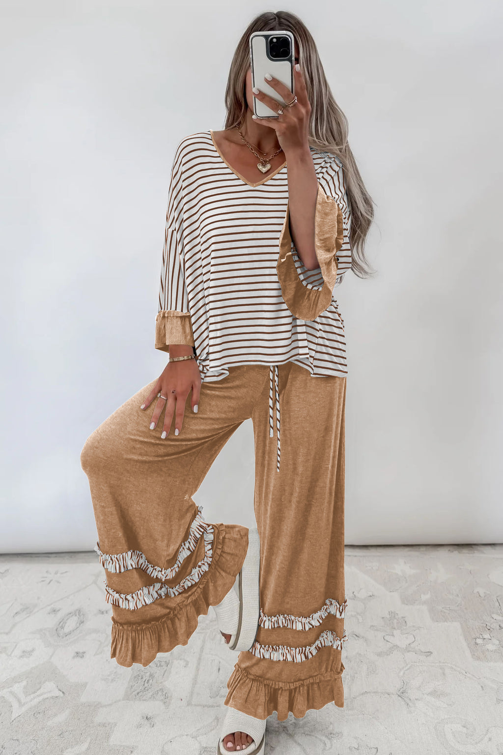 Ruffle Sleeve Top and Drawstring Pants 2 piece Set