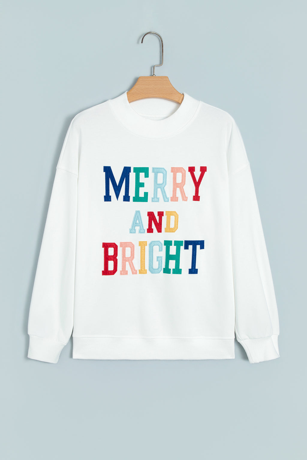 White MERRY AND BRIGHT Stitched Letter Pattern Mock Neck Sweatshirt